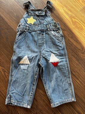 Guess Kids Denim Overalls with Yellow Star and Red Accent